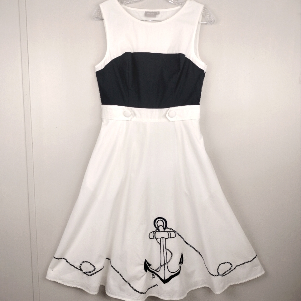 eShakti 100% Cotton Embroidered Fit & Flare Nautical Sleeveless Dress (Navy/Wht)